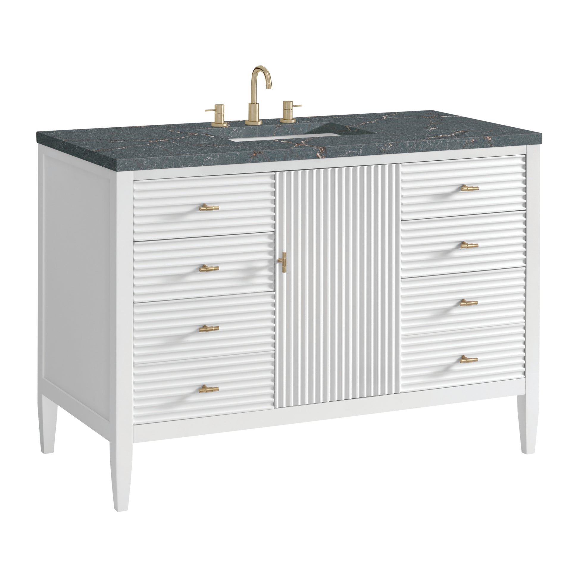 Renovate for Less Atlanta Myrrin 48" Single Vanity, Bright White w/ 3 CM Parisien Bleu Silestone Top w/FreePower Wireless Charger