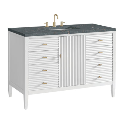 Renovate for Less Atlanta Myrrin 48" Single Vanity, Bright White w/ 3 CM Parisien Bleu Silestone Top w/FreePower Wireless Charger