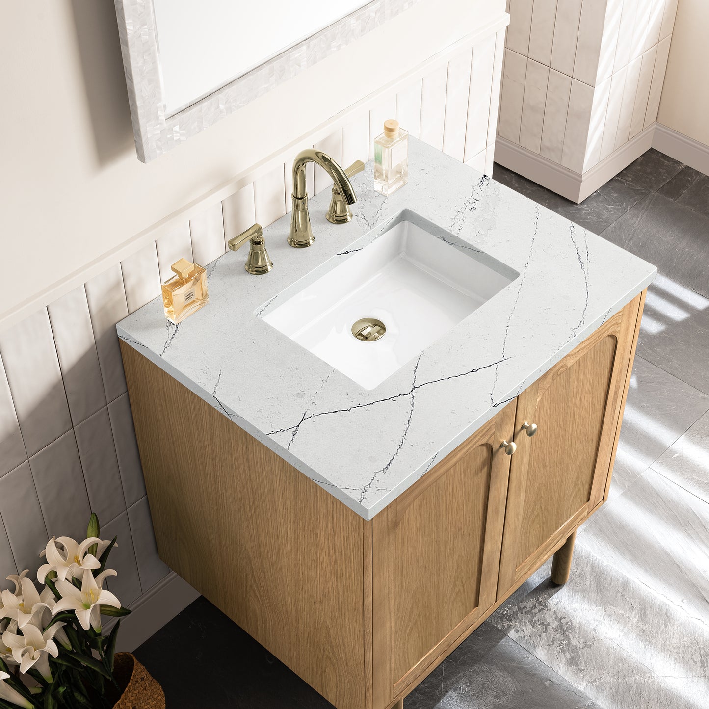 Renovate for Less Atlanta Laurent 30" Single Vanity, Light Natural Oak w/ 3 CM Ethereal Noctis Top