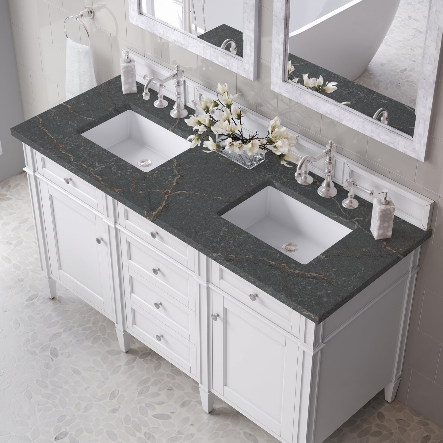 Renovate for Less Atlanta Brittany 60" Double Vanity, Bright White Vanity w/ 3 CM Parisien Bleu Silestone Top