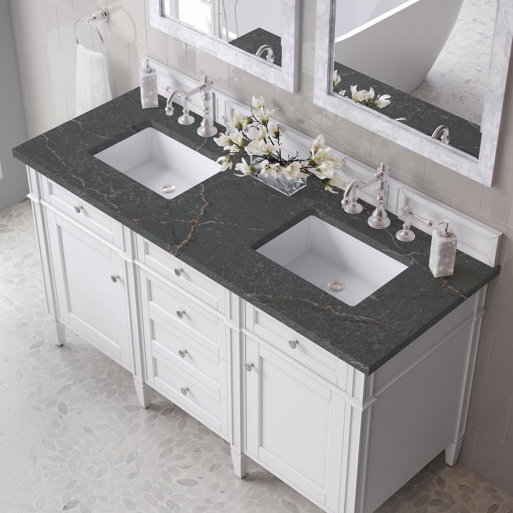 Renovate for Less Atlanta Brittany 60" Double Vanity, Bright White Vanity w/ 3 CM Parisien Bleu Silestone Top
