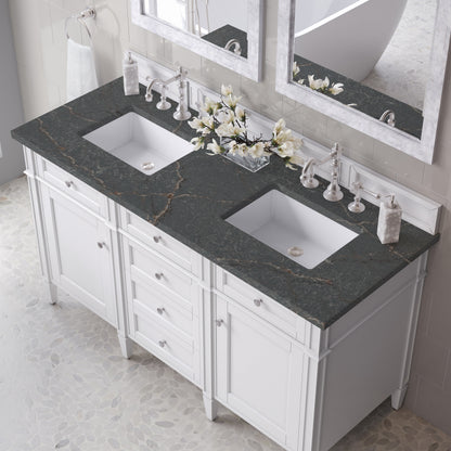 Renovate for Less Atlanta Brittany 60" Double Vanity, Bright White Vanity w/ 3 CM Parisien Bleu Silestone Top