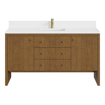 Hudson 60" Single Vanity, Honey Oak w/ Single Hole 3 CM White Zeus Silestone Top and Matching Backsplash