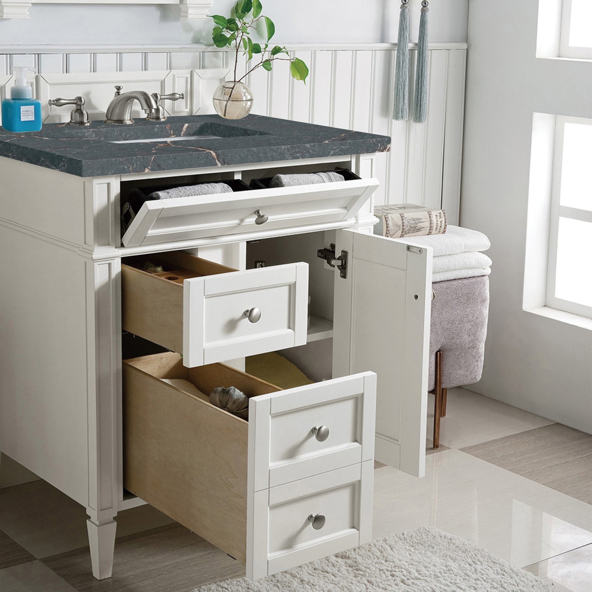 Renovate for Less Atlanta Brittany 30" Single Vanity, Bright White, w/ 3 CM Parisien Bleu Silestone Top