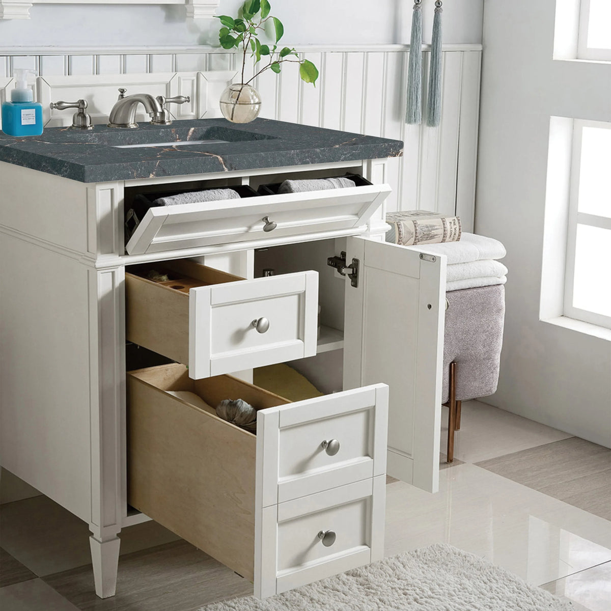 Brittany 30" Single Vanity, Bright White, w/ 3 CM Parisien Bleu Silestone Top