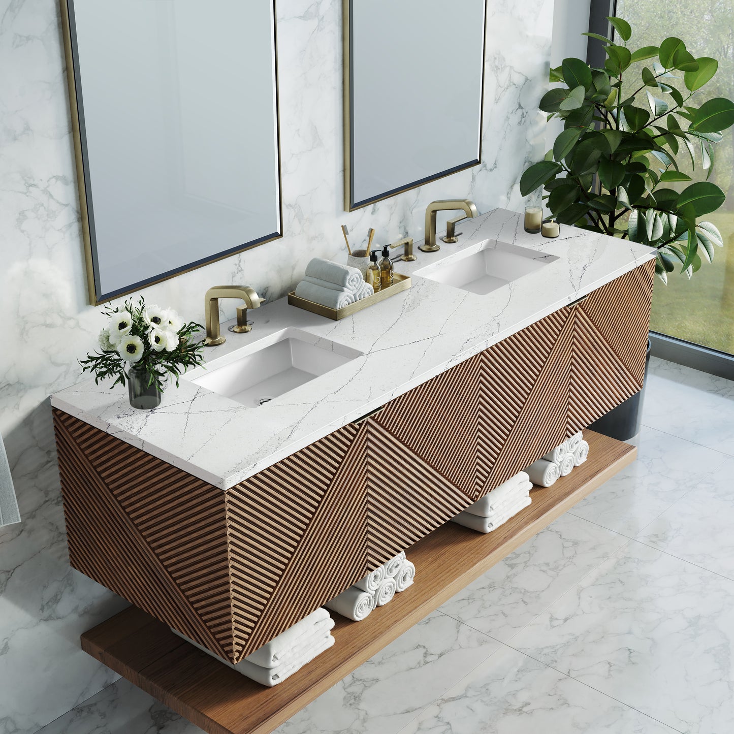 Renovate for Less Atlanta Marcello 72" Double Vanity, Chestnut w/ 3 CM Ethereal Noctis Top