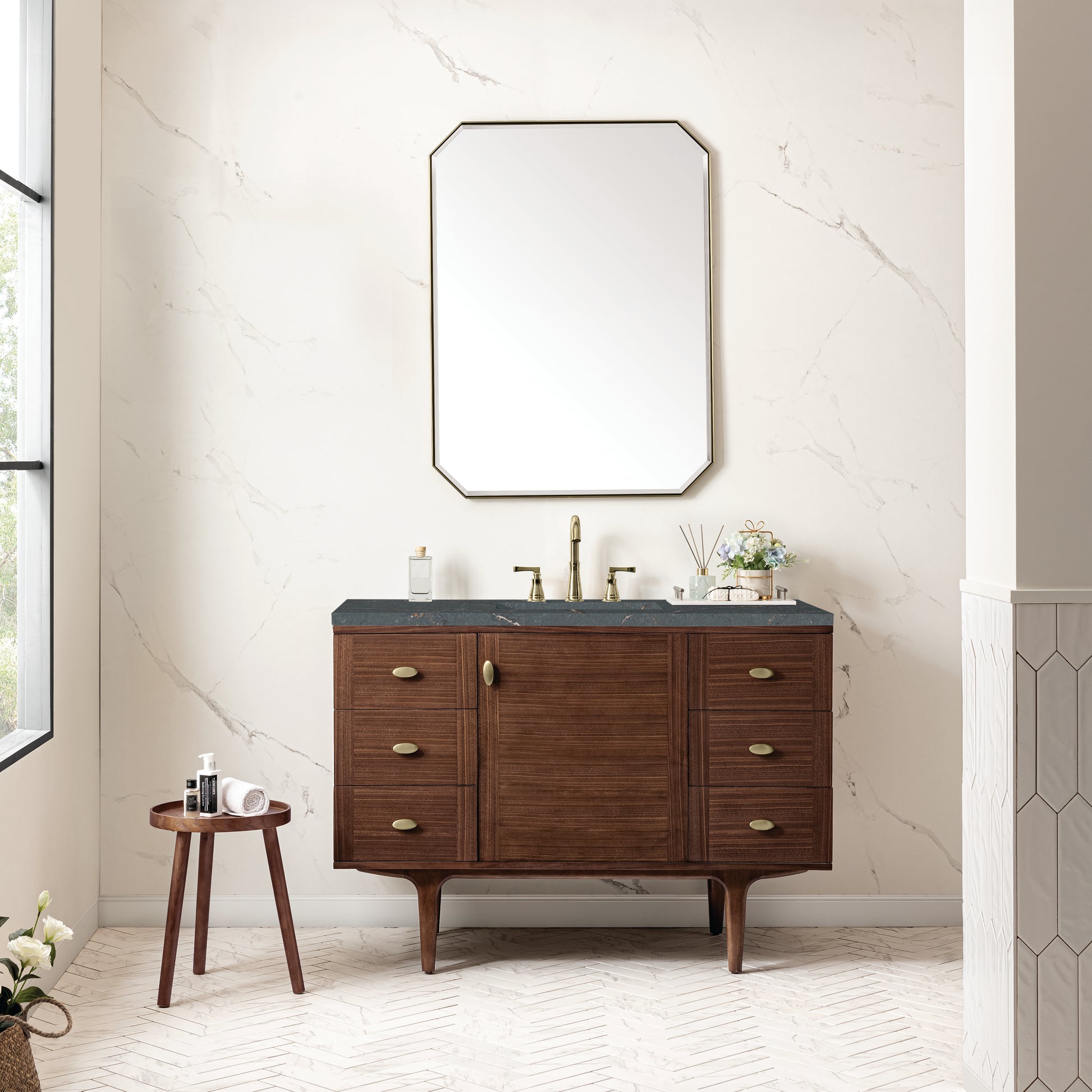 Renovate for Less Atlanta Amberly 48" Single Vanity, Mid-Century Walnut w/ 3 CM Parisien Bleu Top