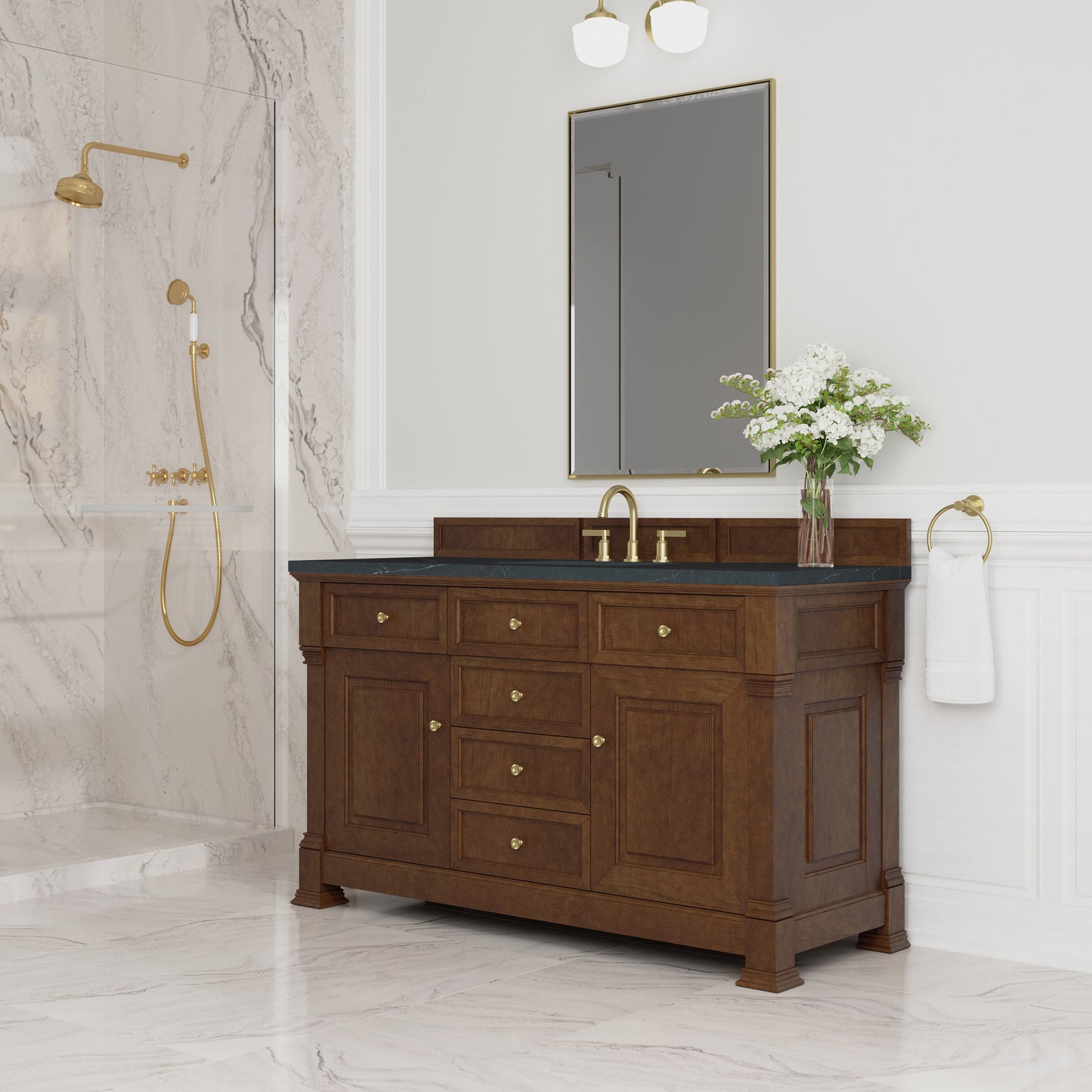 Renovate for Less Atlanta Brookfield 60" Single Vanity, Honey Oak w/3 CM Charcoal Soapstone Silestone Top