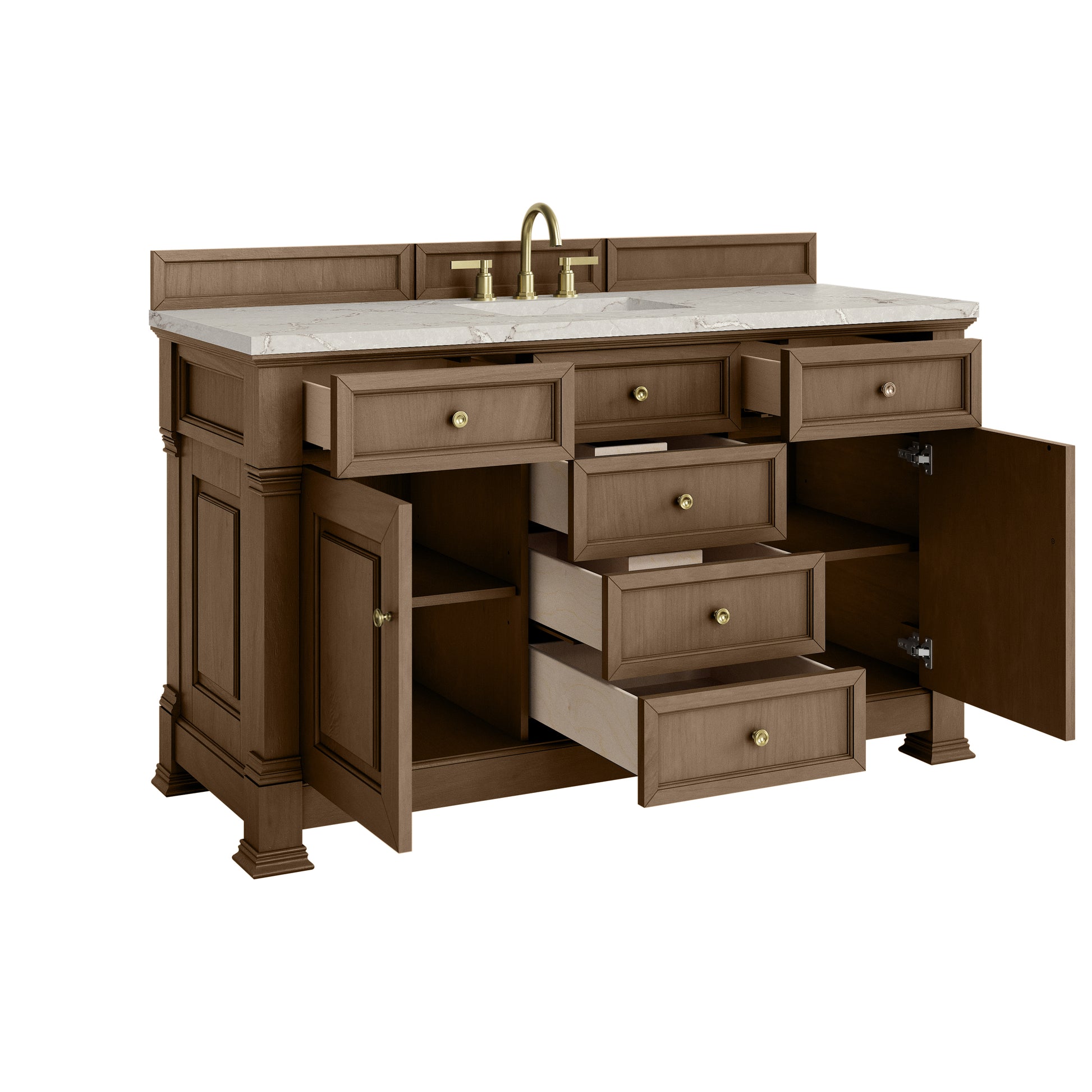 Renovate for Less Atlanta Brookfield 60" Single Vanity, Pecan w/ 3 CM Victorian Silver Silestone Top w/ FreePower Wireless Charger