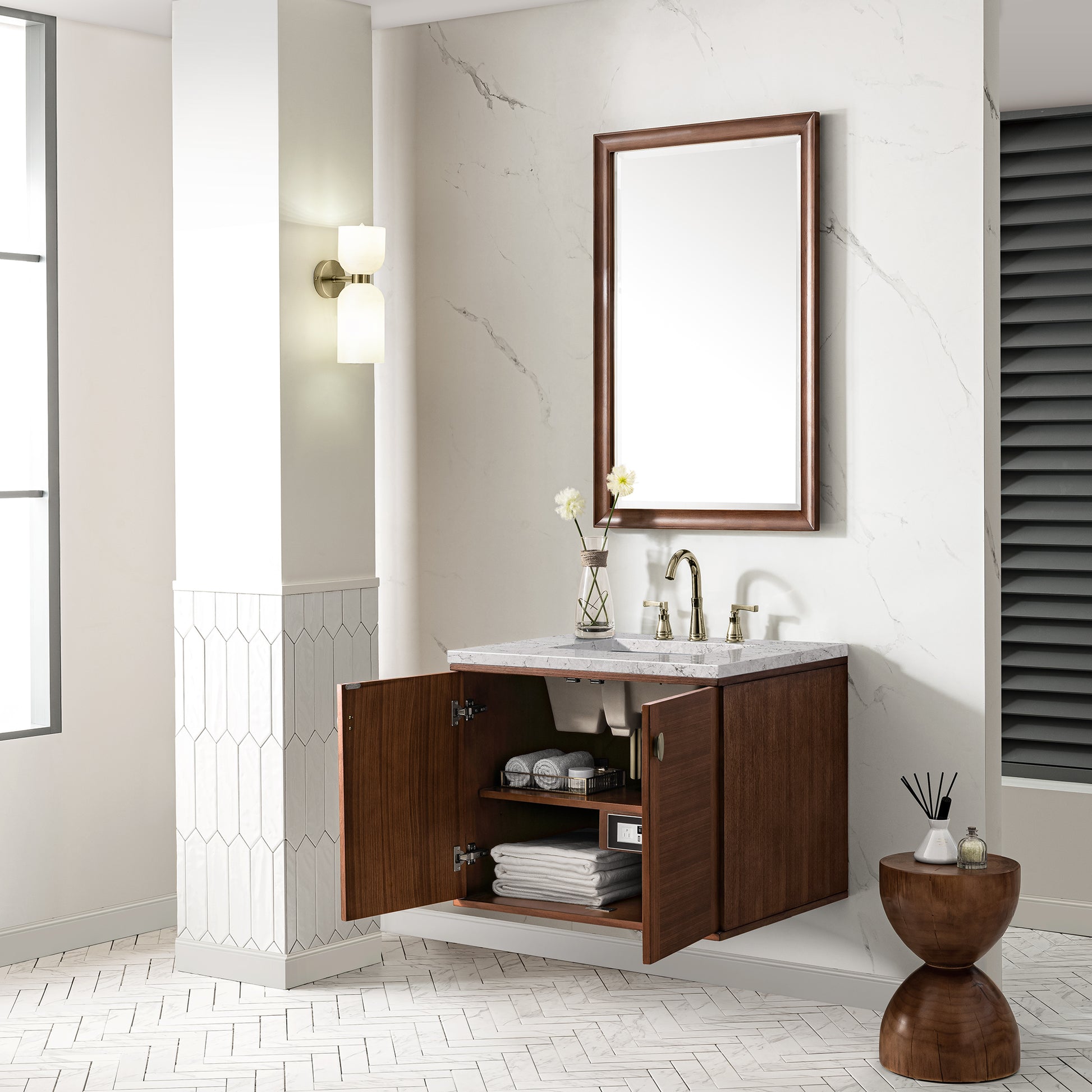 Renovate for Less Atlanta Amberly 30" Single Vanity, Mid-Century Walnut w/ 3 CM Eternal Jasmine Pearl Top