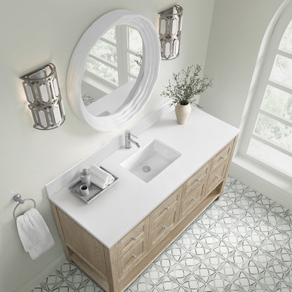 Renovate for Less Atlanta Breckenridge 60" Single Vanity, Whitewashed Oak, w/ Single Hole 3 CM White Zeus Quartz Top & Backsplash