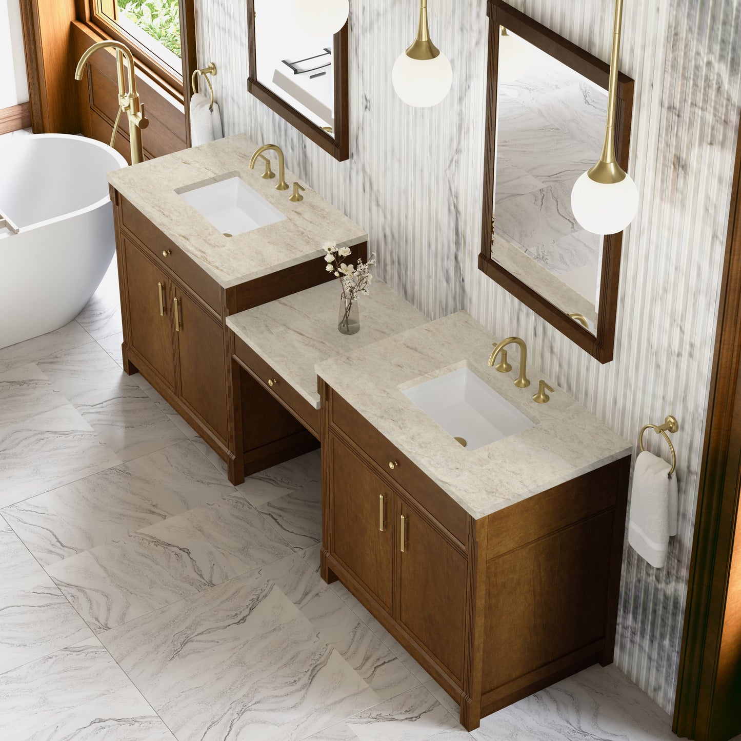 Renovate for Less Atlanta Bellshire 96" Dual Vanity Set with 24" Make-Up Counter, Honey Oak w/3 cm Tajnar Eclos Top