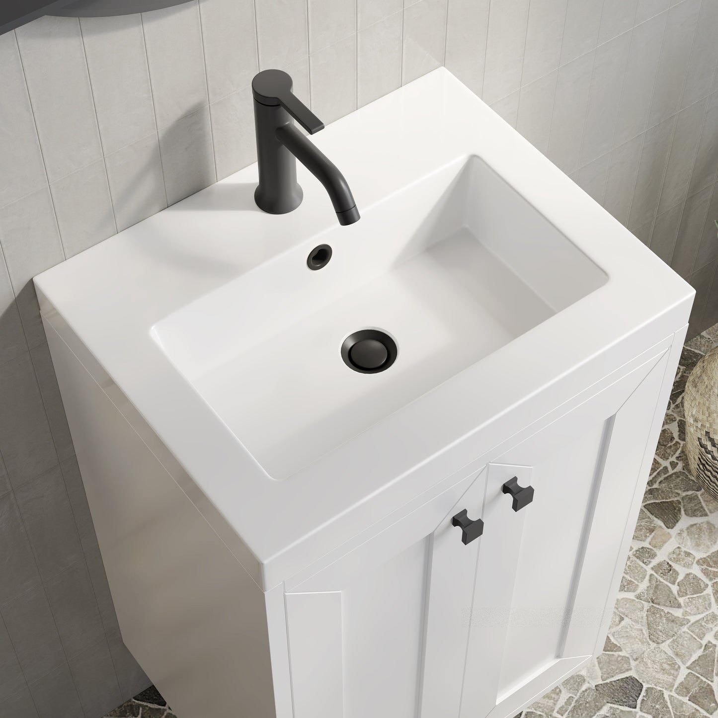 Renovate for Less Atlanta Chianti 20" Single Vanity, Glossy White, Matte Black, w/ White Glossy Composite Stone Top
