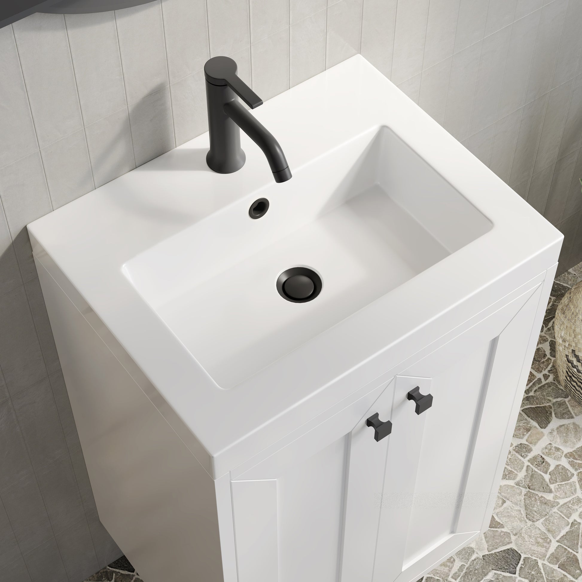 Renovate for Less Atlanta Chianti 20" Single Vanity, Glossy White, Matte Black, w/ White Glossy Composite Stone Top