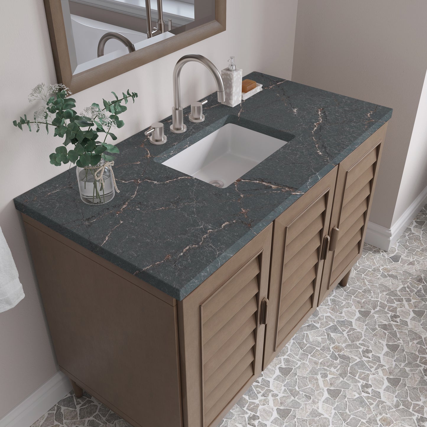 Renovate for Less Atlanta Portland 48" Single Vanity Whitewashed Walnut w/ 3 CM Parisien Bleu Silestone Top w/FreePower Wireless Charger