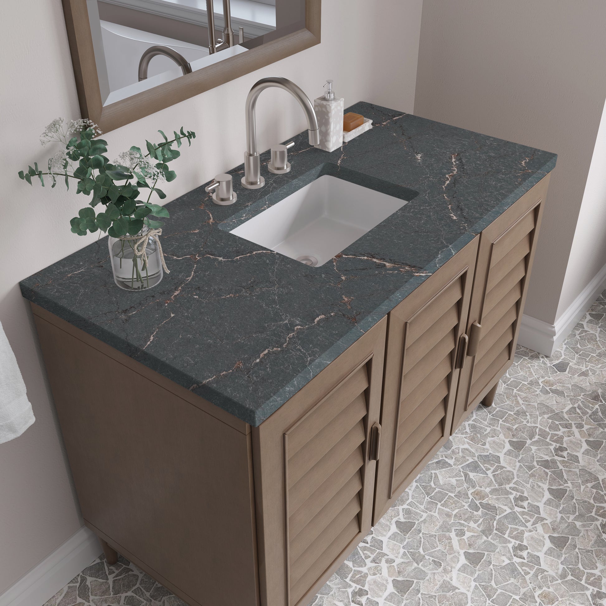 Renovate for Less Atlanta Portland 48" Single Vanity Whitewashed Walnut w/ 3 CM Parisien Bleu Silestone Top w/FreePower Wireless Charger