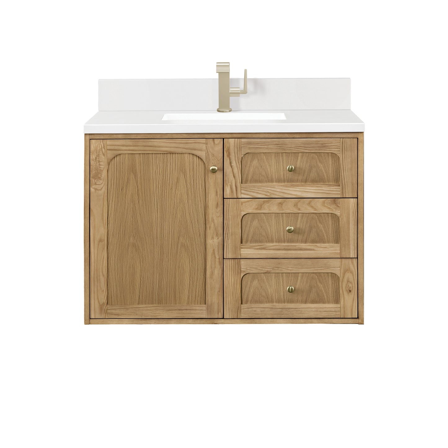Renovate for Less Atlanta Laurent 36" Single Vanity, Light Natural Oak w/ Single Hole 3 CM White Zeus Top & Backsplash