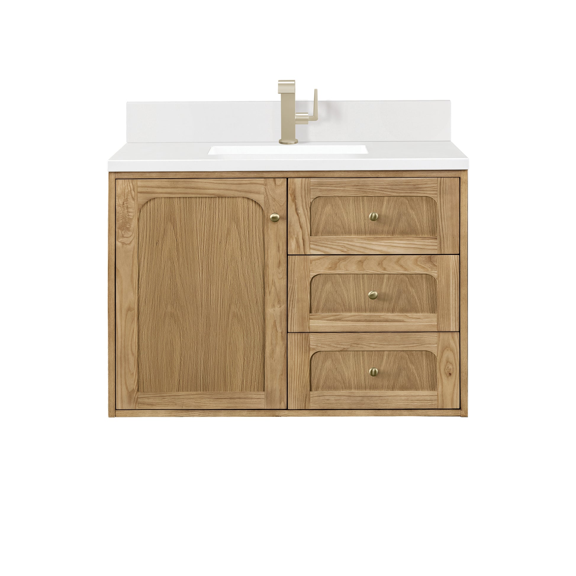 Renovate for Less Atlanta Laurent 36" Single Vanity, Light Natural Oak w/ Single Hole 3 CM White Zeus Top & Backsplash