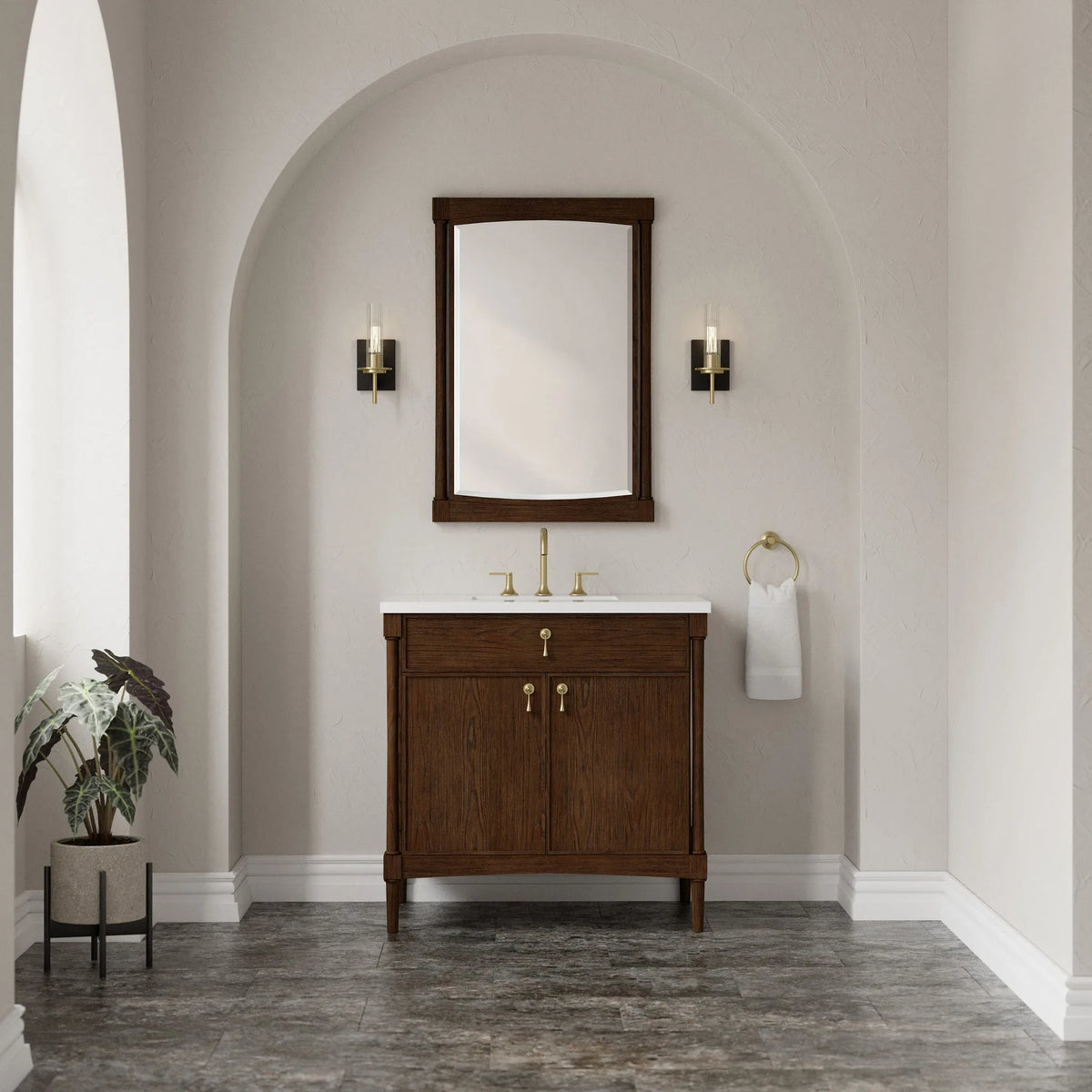 Kinnsden 36" Single Vanity, Sable Oak w/ 3 CM White Zeus Silestone Top