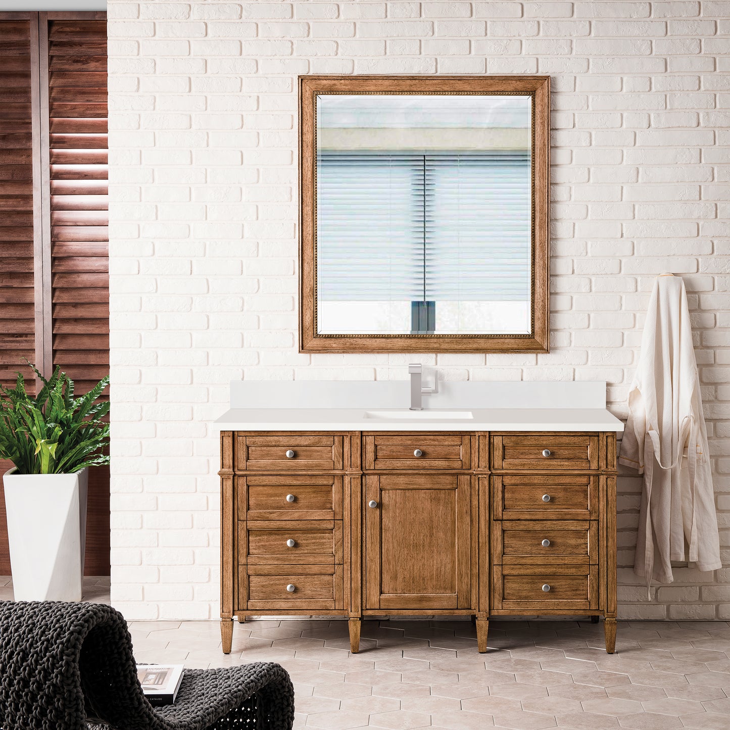 Renovate for Less Atlanta Brittany 60" Single Vanity, Saddle Brown w/ Single Hole 3 CM White Zeus Silestone Top & Backsplash