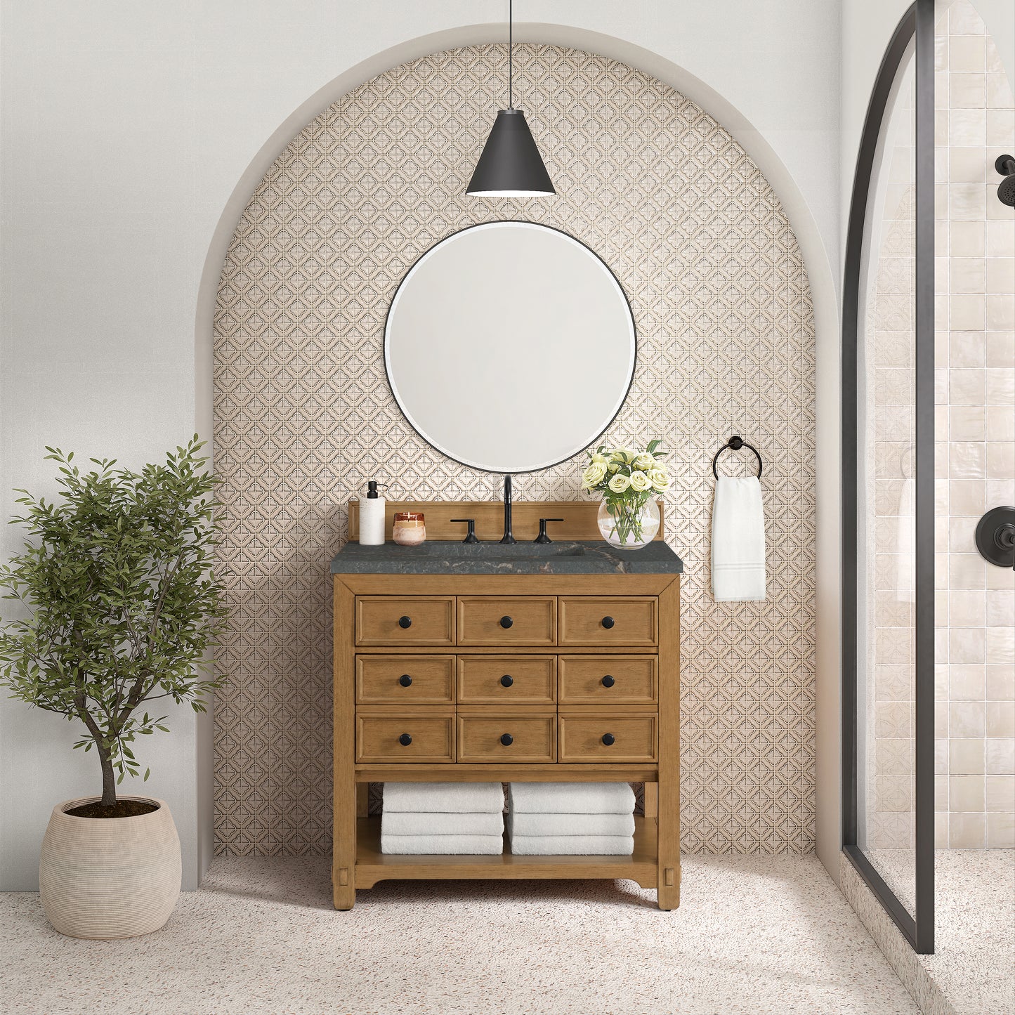 Renovate for Less Atlanta Malibu 36" Single Vanity, Amber Birch w/ 3 CM Parisien Bleu Top