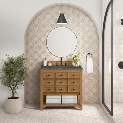 Renovate for Less Atlanta Malibu 36" Single Vanity, Amber Birch w/ 3 CM Parisien Bleu Top