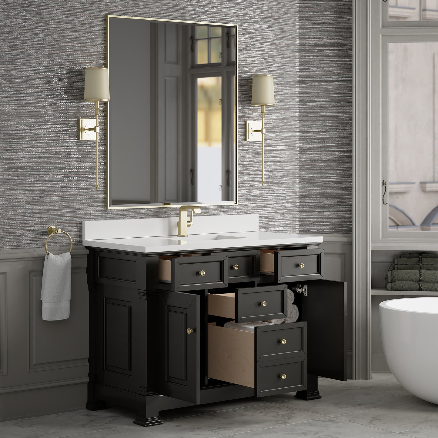 Renovate for Less Atlanta Brookfield 48" Single Vanity, Black Onyx w/ Single Hole 3 CM White Zeus Silestone Top & Backsplash