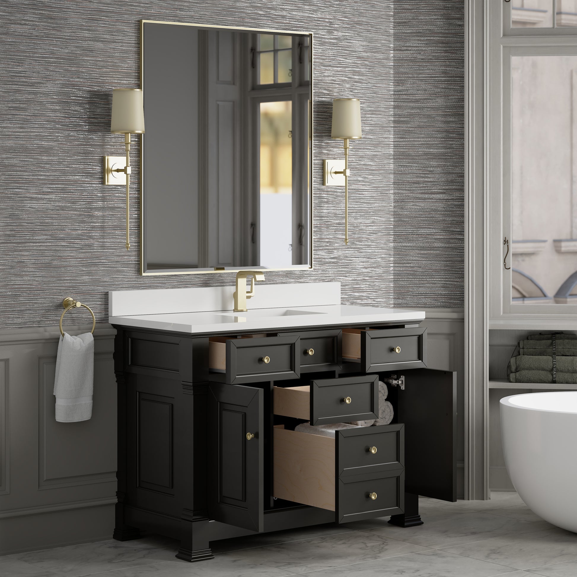 Renovate for Less Atlanta Brookfield 48" Single Vanity, Black Onyx w/ Single Hole 3 CM White Zeus Silestone Top & Backsplash