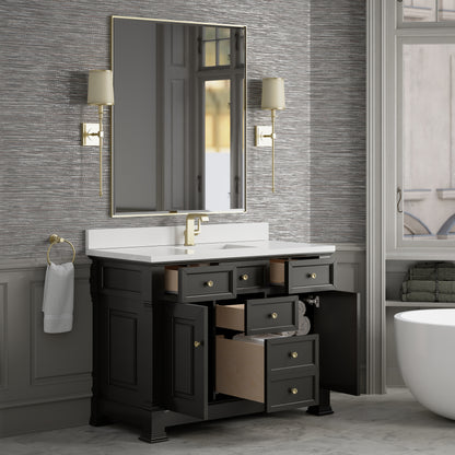 Renovate for Less Atlanta Brookfield 48" Single Vanity, Black Onyx w/ Single Hole 3 CM White Zeus Silestone Top & Backsplash