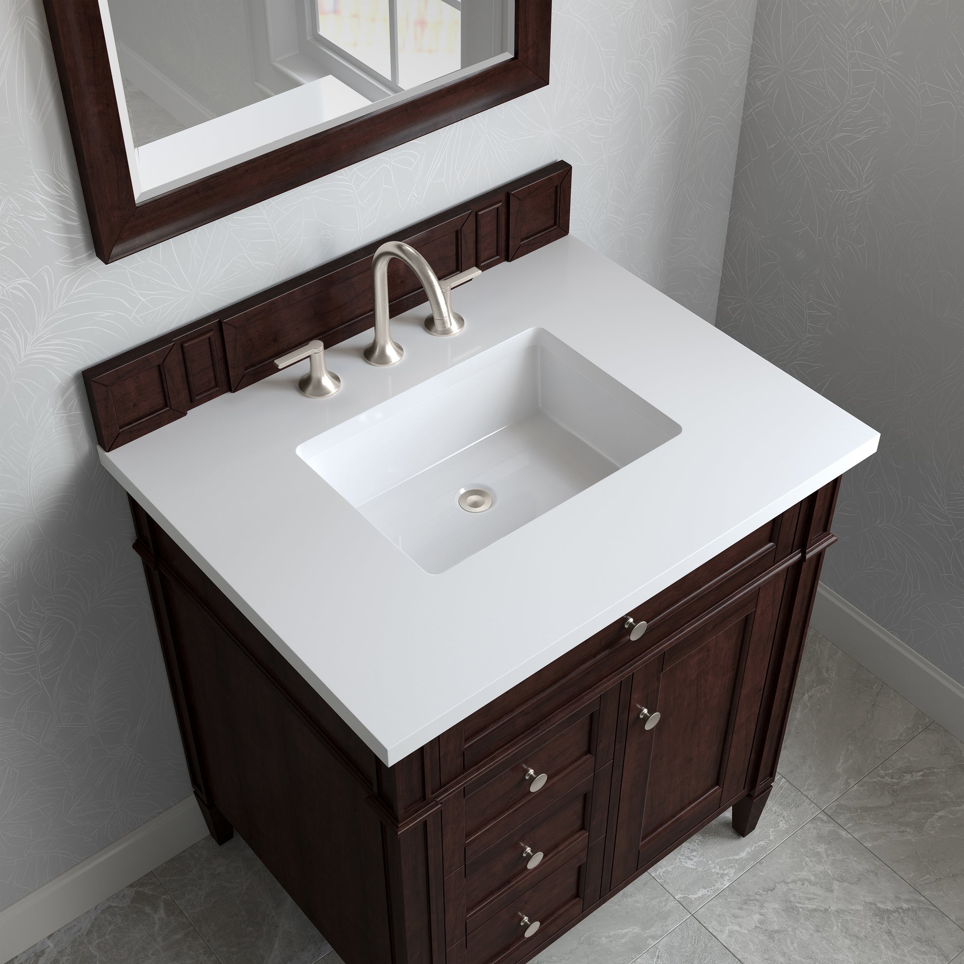 Renovate for Less Atlanta Brittany 30" Single Vanity, Burnished Mahogany, w/ 3 CM White Zeus Silestone Top