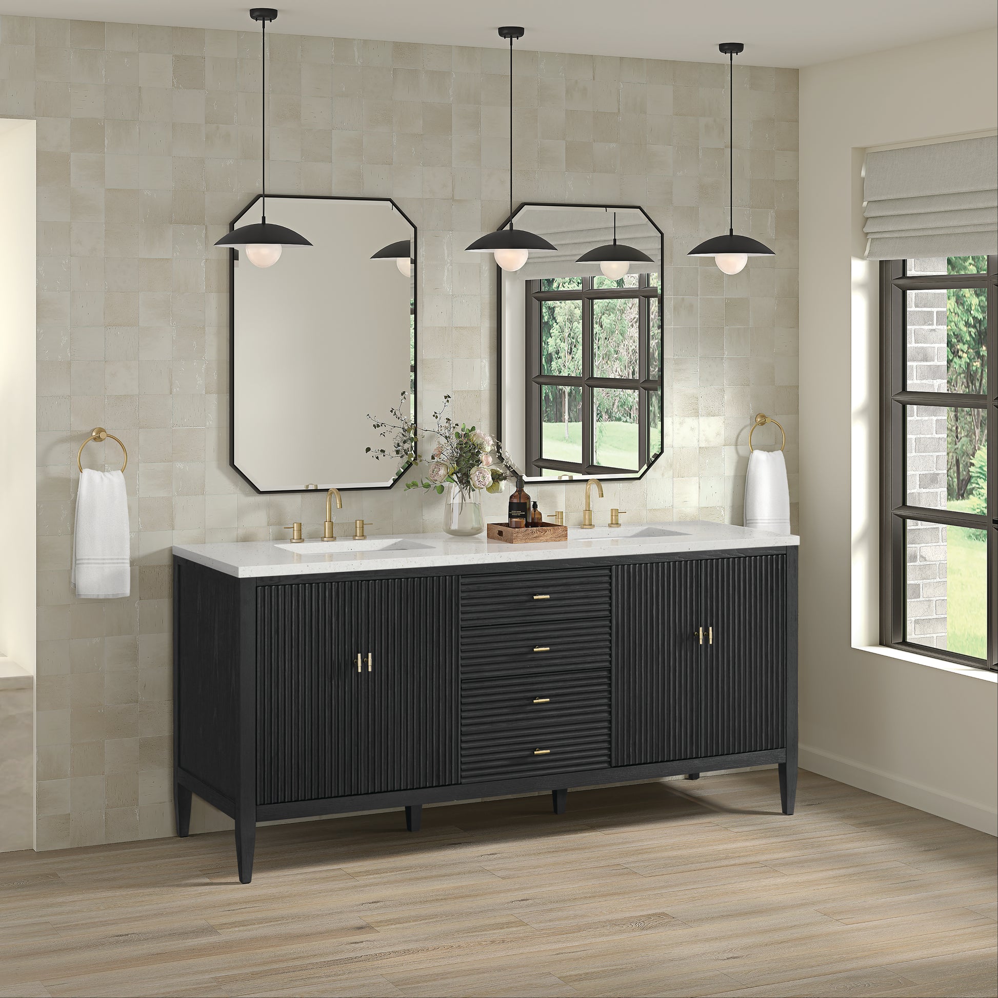 Renovate for Less Atlanta Myrrin 72" Double Vanity, Carbon Oak w/ 3 CM Lime Delight Silestone Top