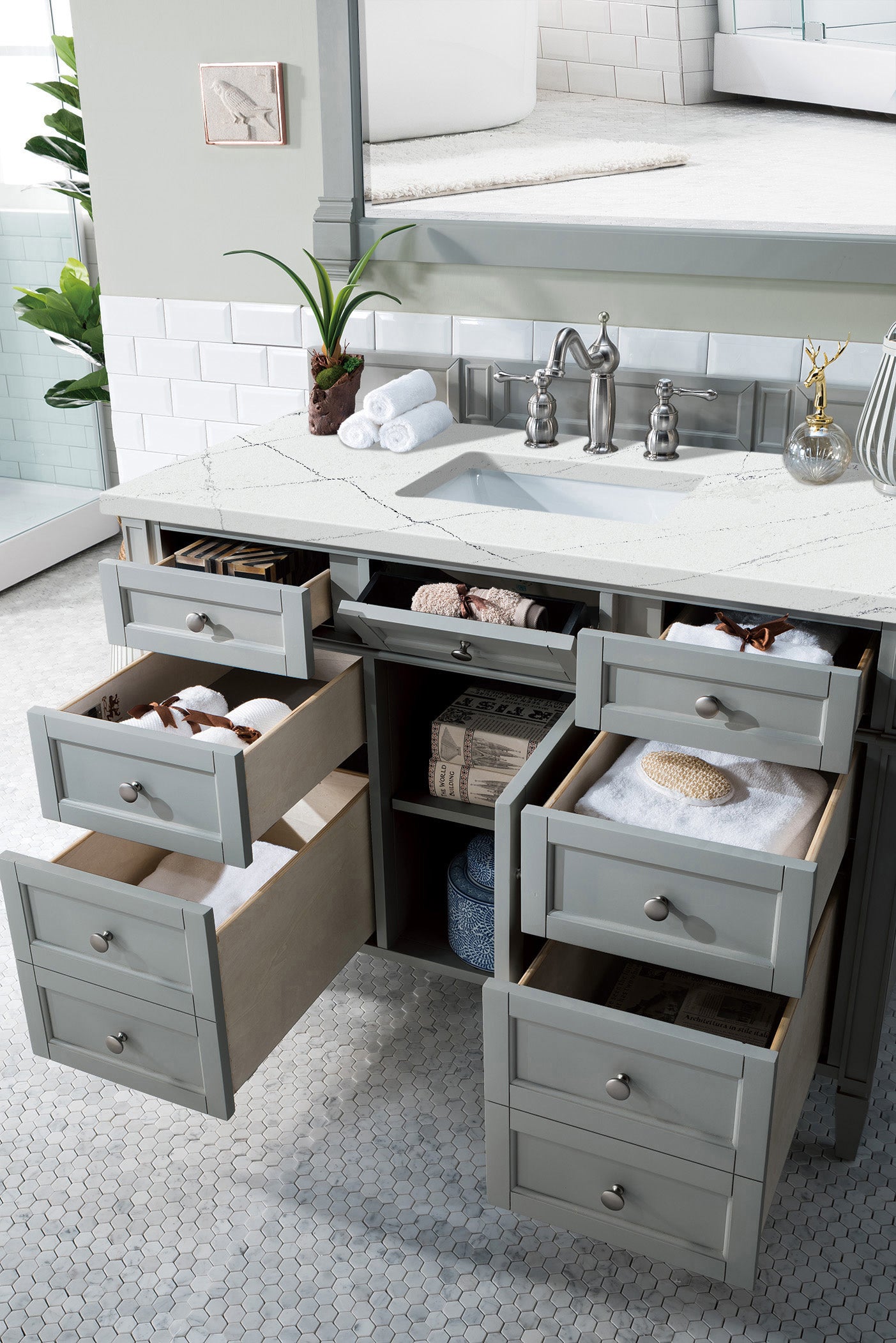 Renovate for Less Atlanta Brittany 48" Single Vanity, Urban Gray w/ 3 CM Ethereal Noctis Silestone Top w/FreePower Wireless Charger