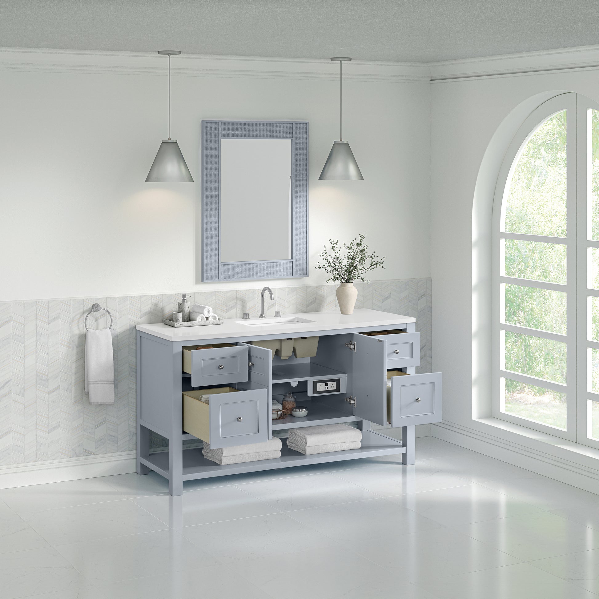 Renovate for Less Atlanta Breckenridge 60" Single Vanity, Serenity Blue, w/ 3 CM White Zeus Quartz Top