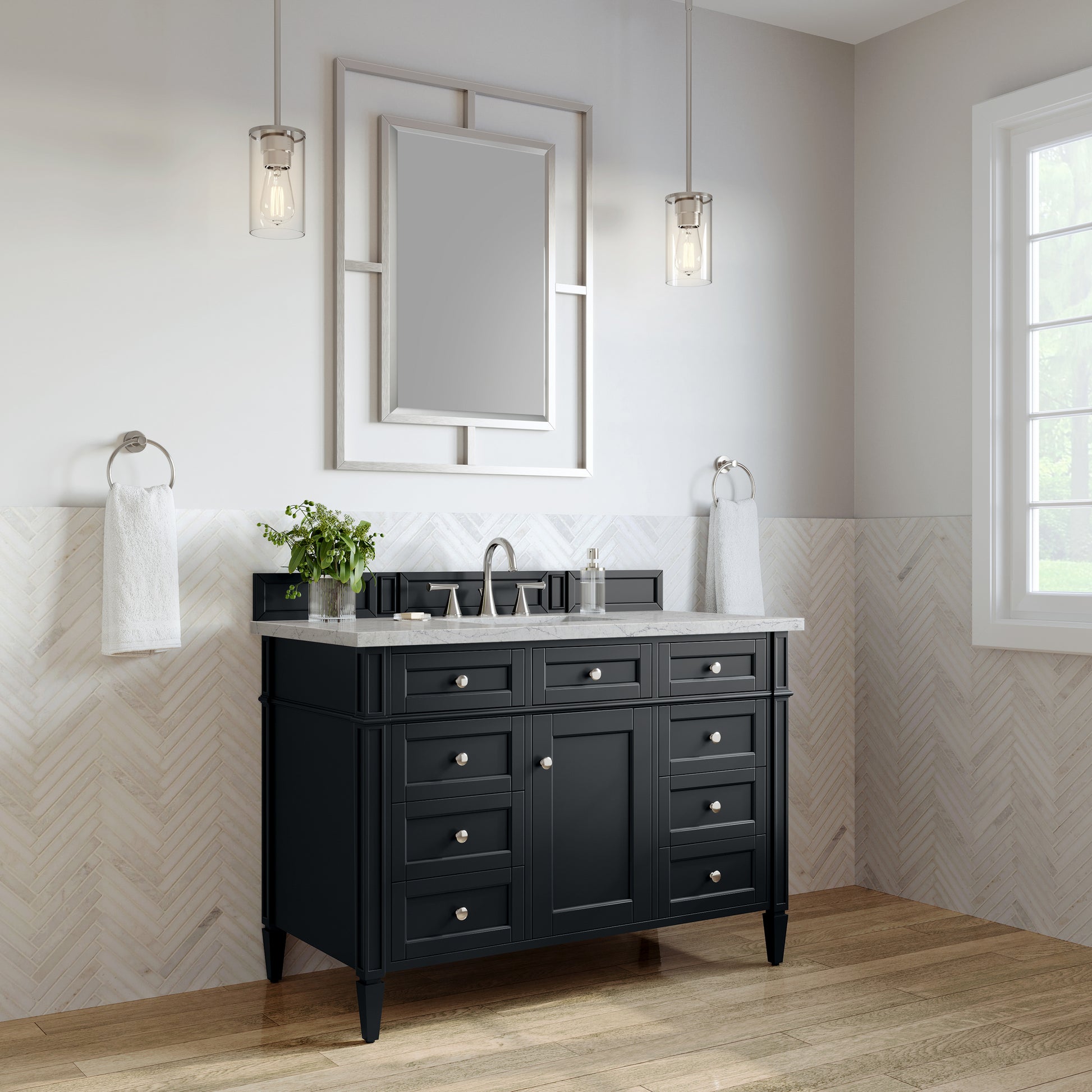Renovate for Less Atlanta Brittany 48" Single Vanity, Black Onyx w/ 3 CM Eternal Jasmine Pearl Silestone Top