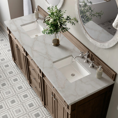 Renovate for Less Atlanta Bristol 72" Double Vanity, Whitewashed Walnut w/ 3 CM Victorian Silver Silestone Top