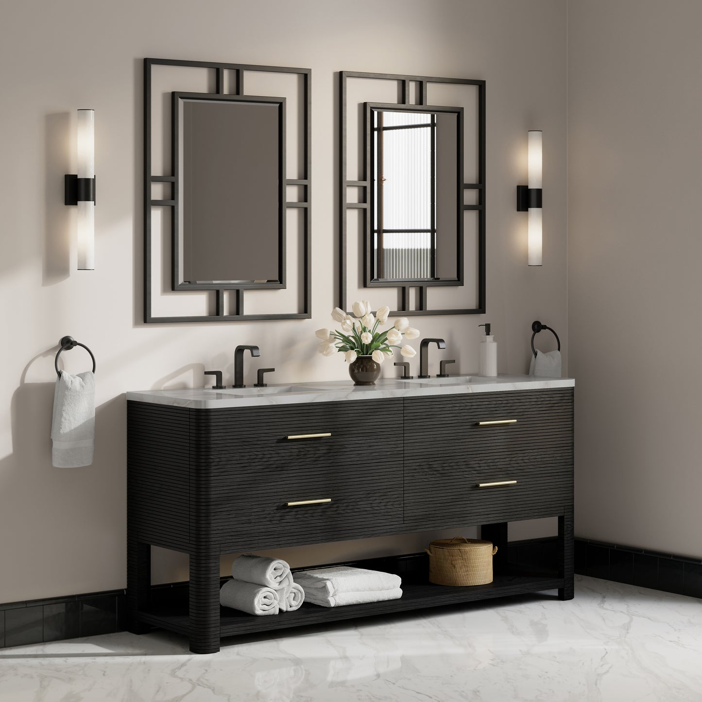 Renovate for Less Atlanta Lucian 72" Double Vanity, Carbon Oak w/ 3 CM Victorian Silver Silestone Widespread Top