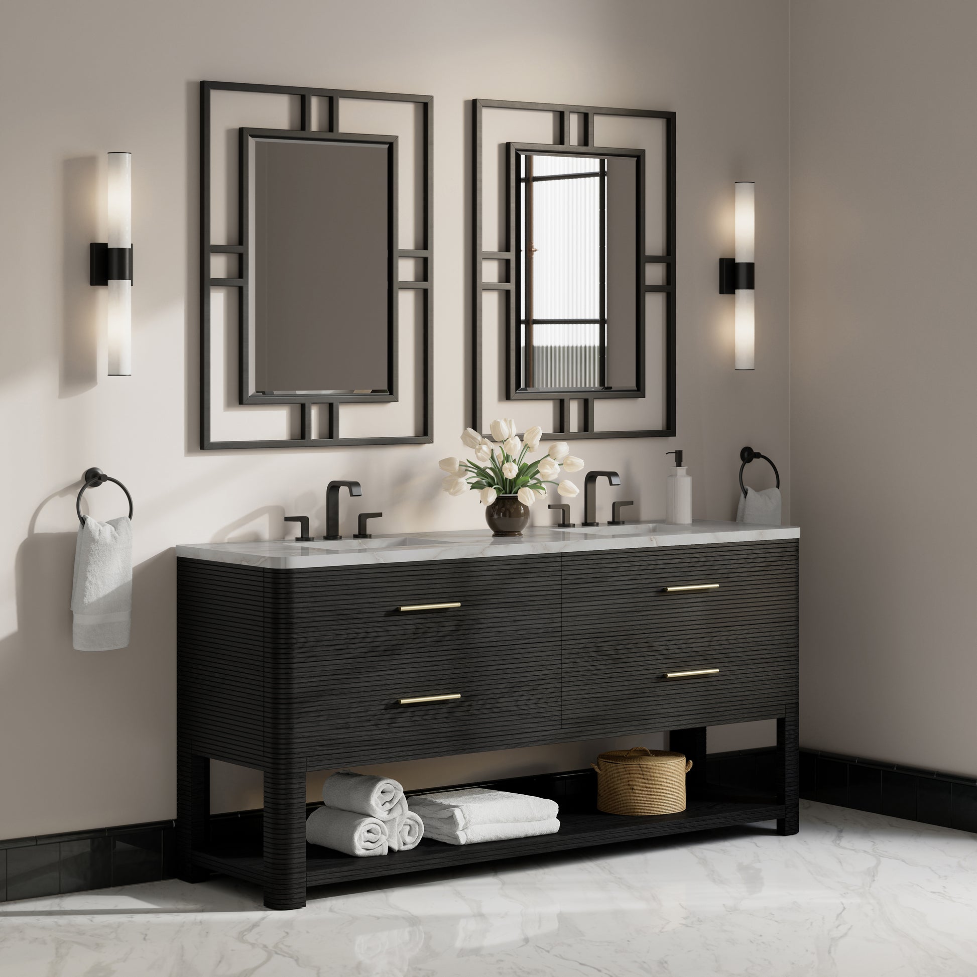 Renovate for Less Atlanta Lucian 72" Double Vanity, Carbon Oak w/ 3 CM Victorian Silver Silestone Widespread Top