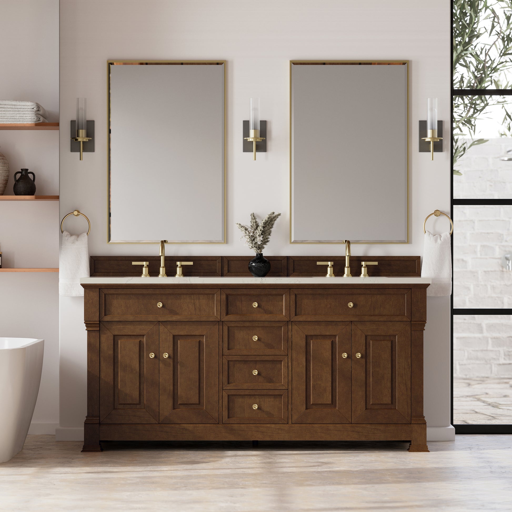 Renovate for Less Atlanta Brookfield 72" Double Vanity, Honey Oak, w/ 3 CM Siberian Silestone Top w/FreePower Wireless Charger