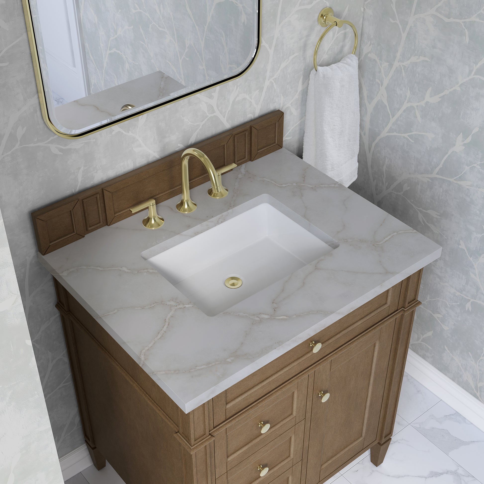 Renovate for Less Atlanta Brittany 30" Single Vanity, Pecan w/ 3 CM Victorian Silver Silestone Top