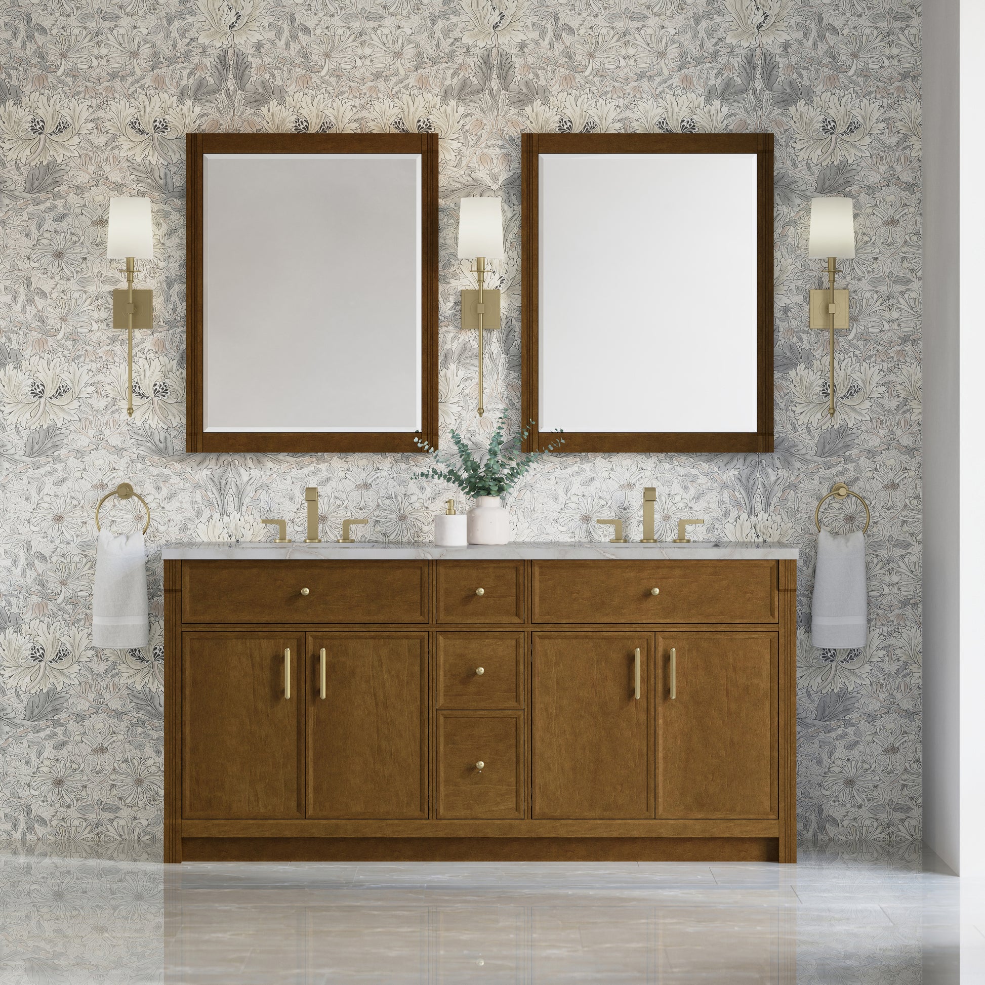 Renovate for Less Atlanta Bellshire 72" Double Vanity, Honey Oak w/ 3 CM Victorian Silver Silestone Top w/FreePower Wireless Charger