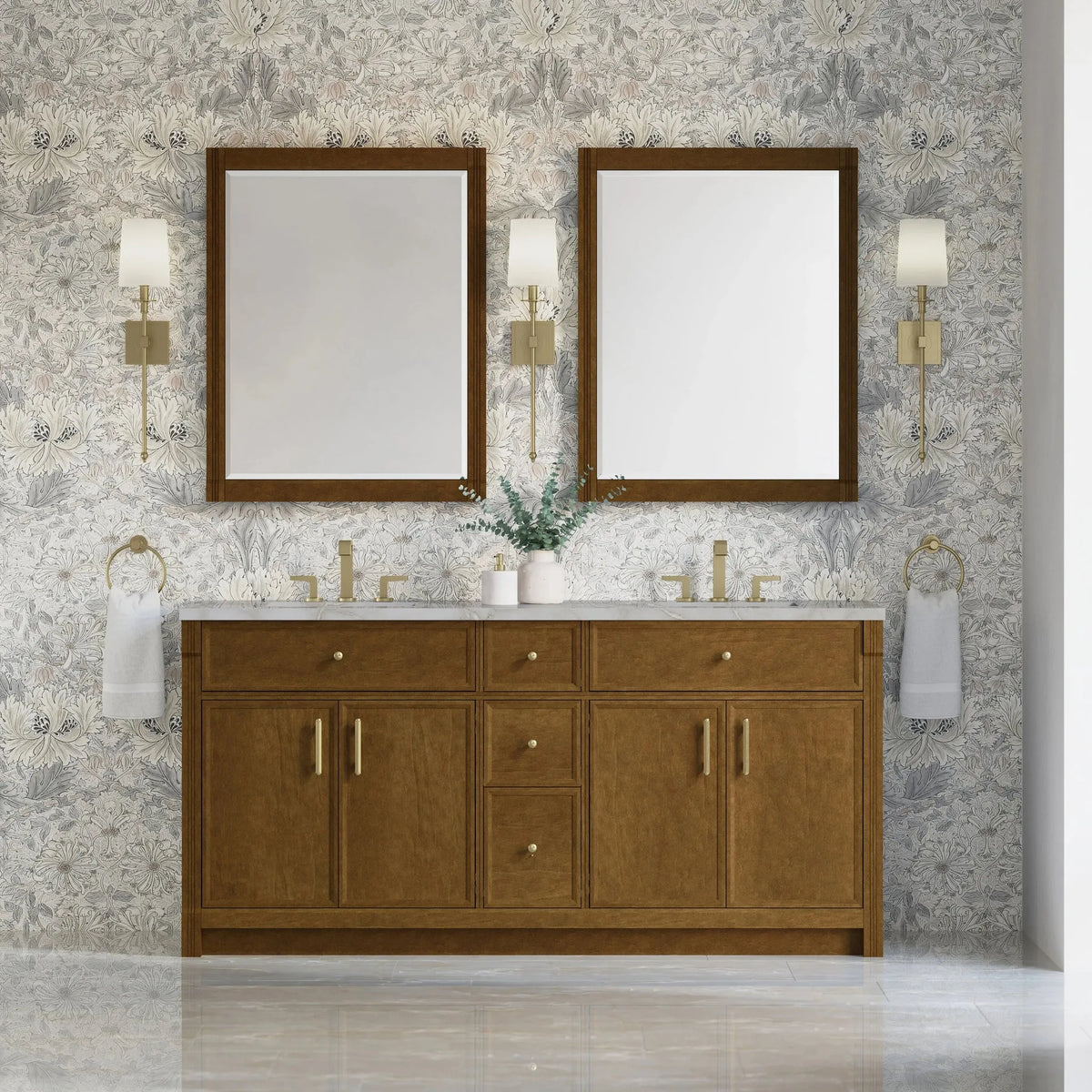 Bellshire 72" Double Vanity, Honey Oak w/ 3 CM Victorian Silver Silestone Top w/FreePower Wireless Charger