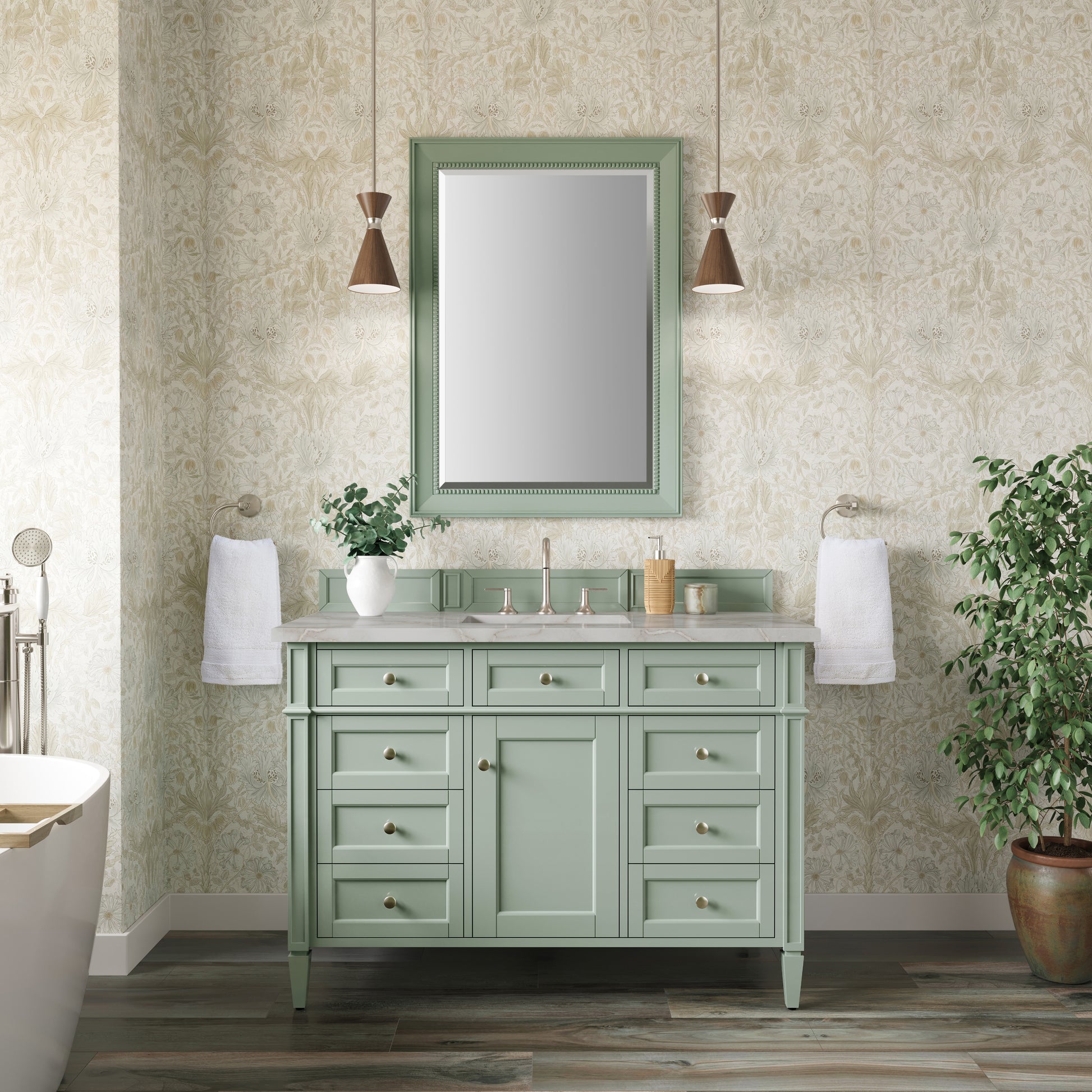 Renovate for Less Atlanta Brittany 48" Single Vanity, Sage Green w/ 3 CM Victorian Silver Silestone Top