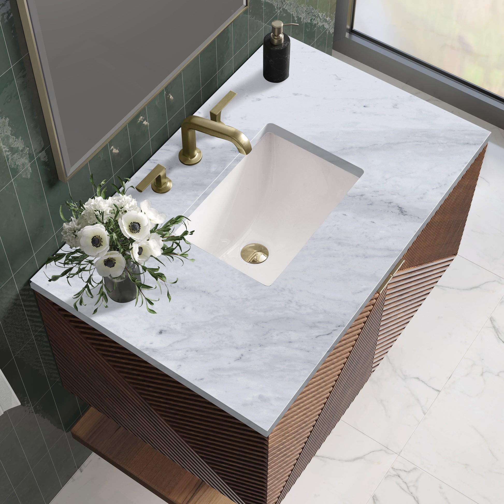 Renovate for Less Atlanta Marcello 36" Single Vanity, Chestnut w/ 3 CM Carrara Marble Top