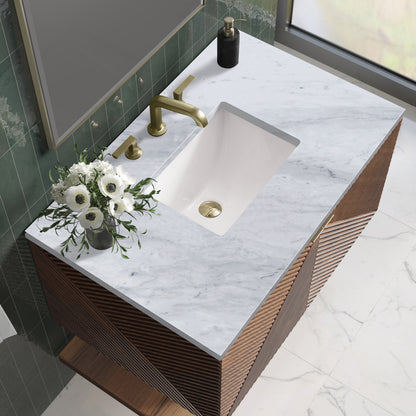 Renovate for Less Atlanta Marcello 36" Single Vanity, Chestnut w/ 3 CM Carrara Marble Top