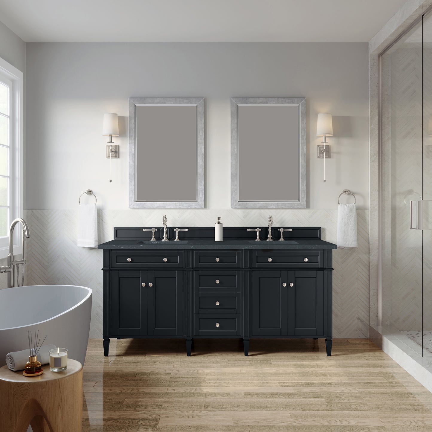 Renovate for Less Atlanta Brittany 72" Double Vanity, Black Onyx w/ 3 CM Charcoal Soapstone Silestone Top