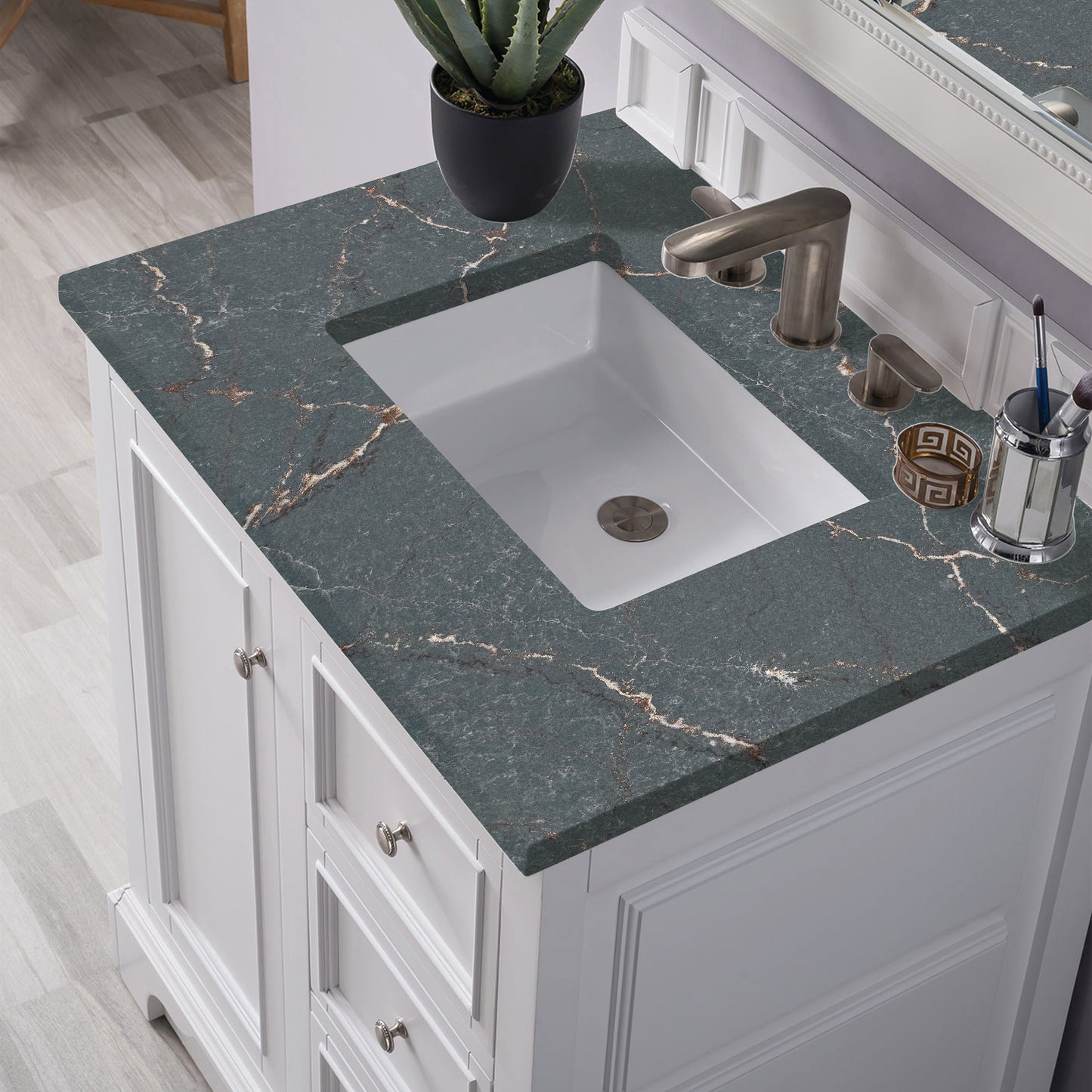 Renovate for Less Atlanta De Soto 30" Single Vanity, Bright White w/ 3 CM Parisien Bleu Silestone Top