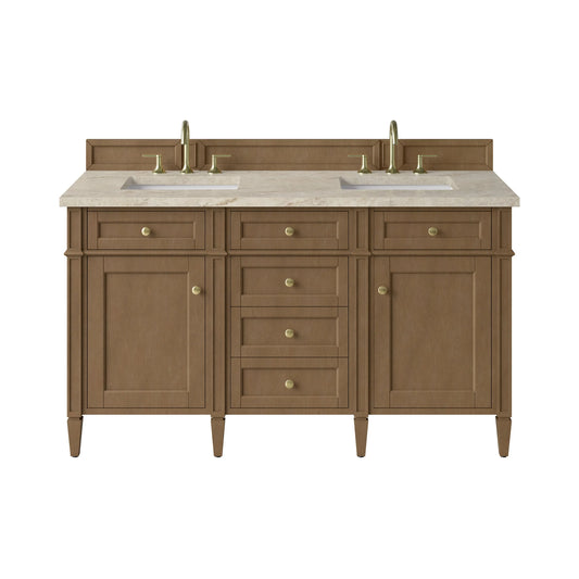 Brittany 60" Double Vanity, Pecan w/ 3 CM Tajnar Eclos Top