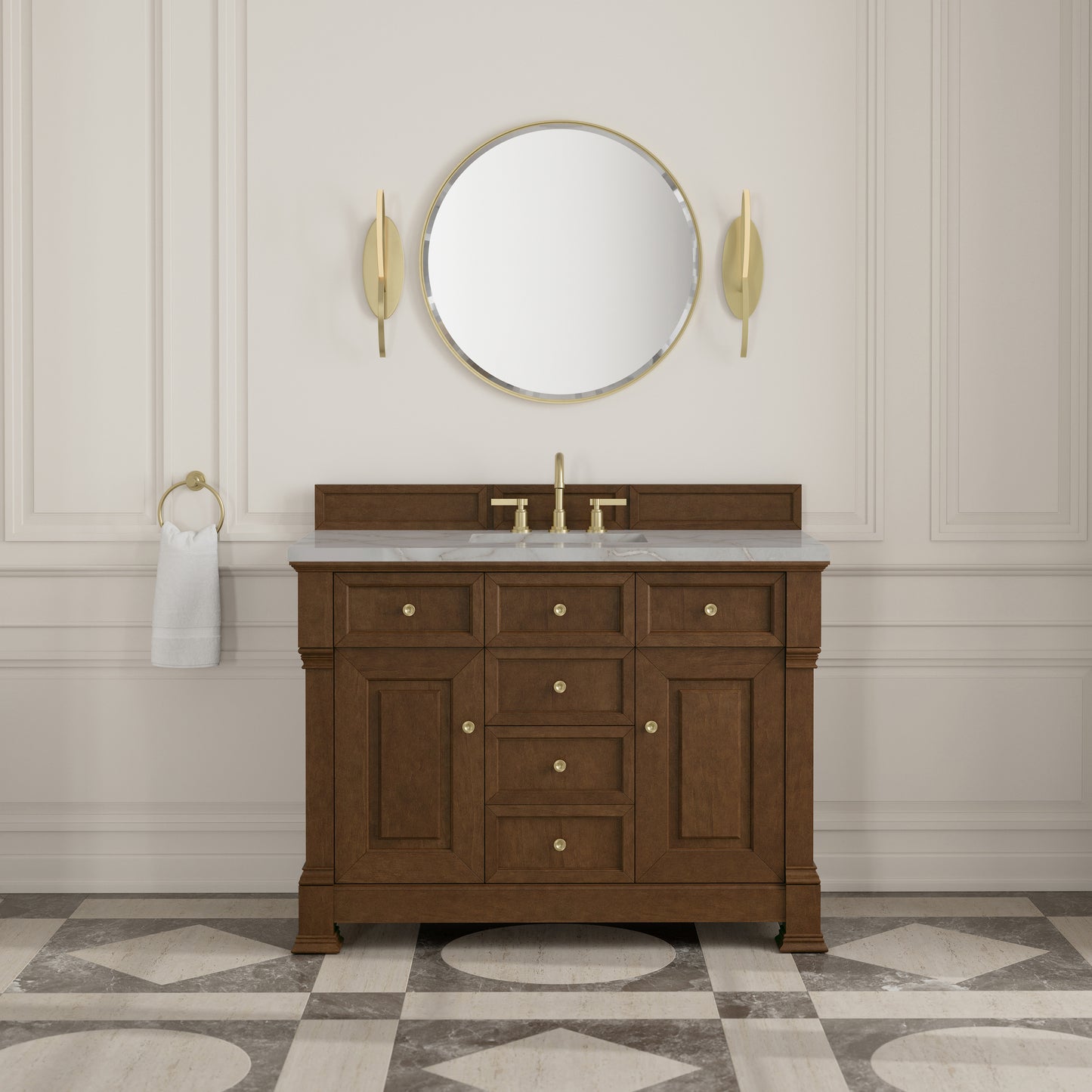 Renovate for Less Atlanta Brookfield 48" Single Vanity, Honey Oak w/ 3 CM Victorian Silver Silestone Top w/ FreePower Wireless Charger