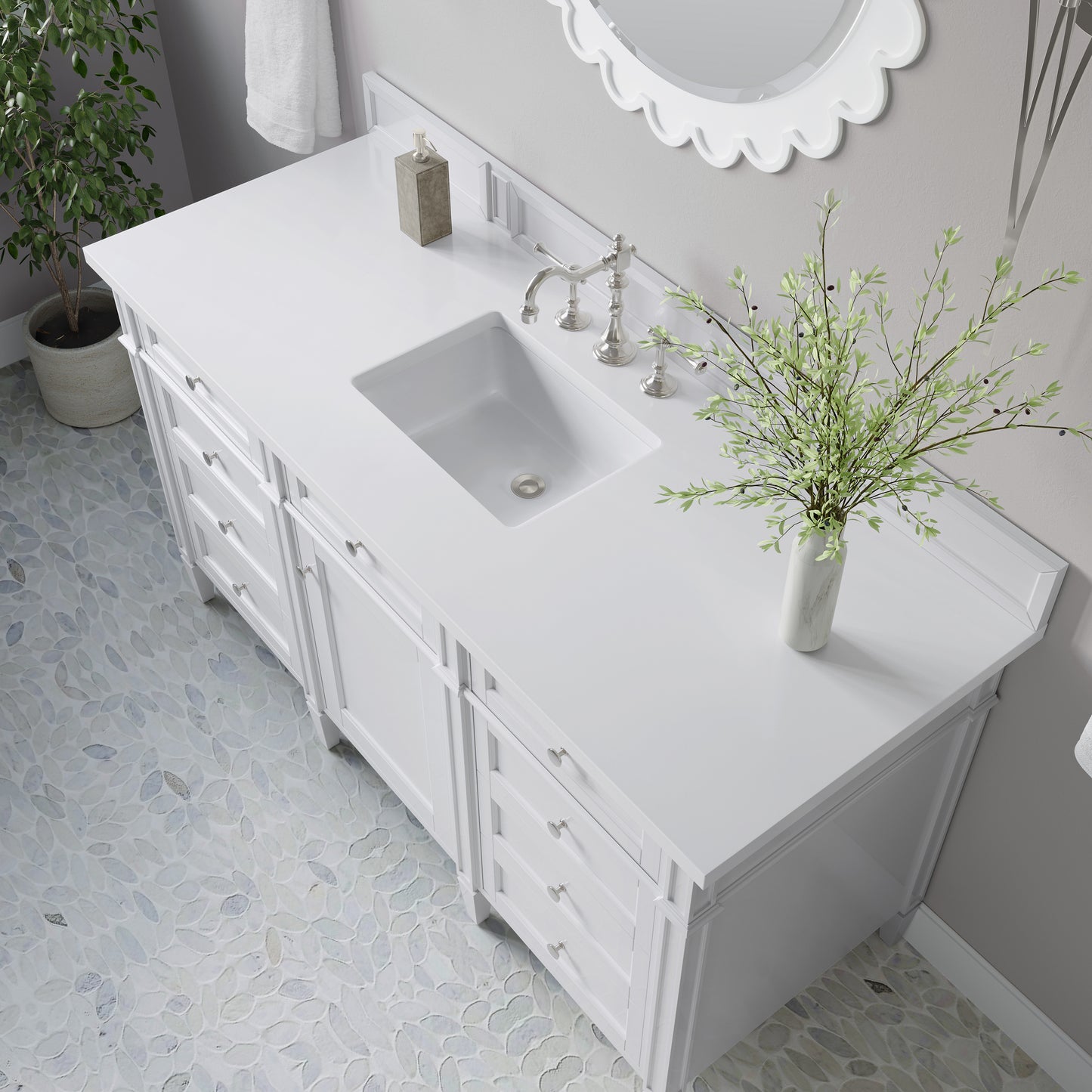Renovate for Less Atlanta Brittany 60" Single Vanity, Bright White w/ 3 CM White Zeus Silestone Top