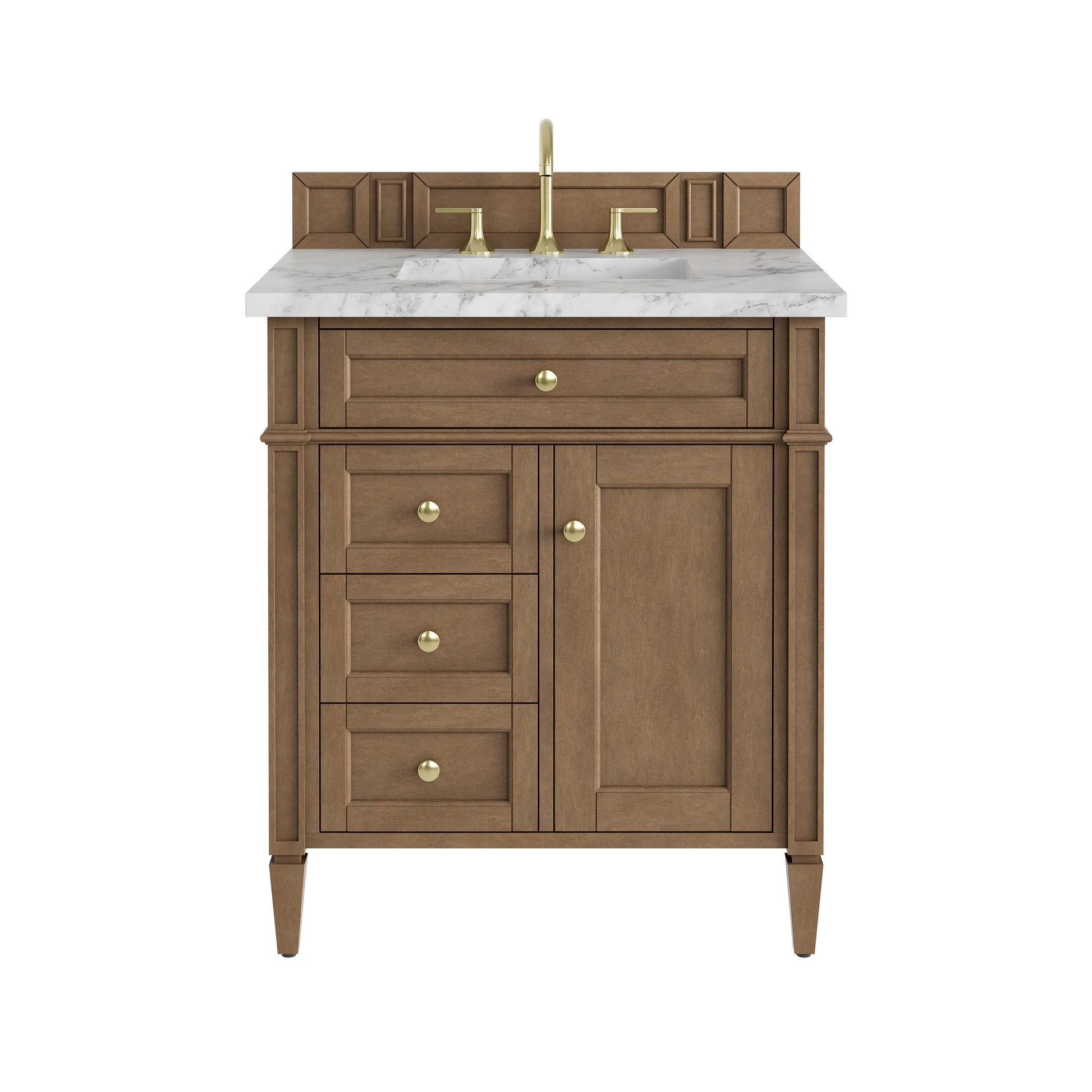 Renovate for Less Atlanta Brittany 30" Single Vanity, Pecan w/ 3 CM Carrara Marble Top